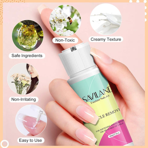 SAVILAND Professional Cuticle Remover Kit - 2.03 OZ Liquid Cream with Trimmer, Nipper, Pusher