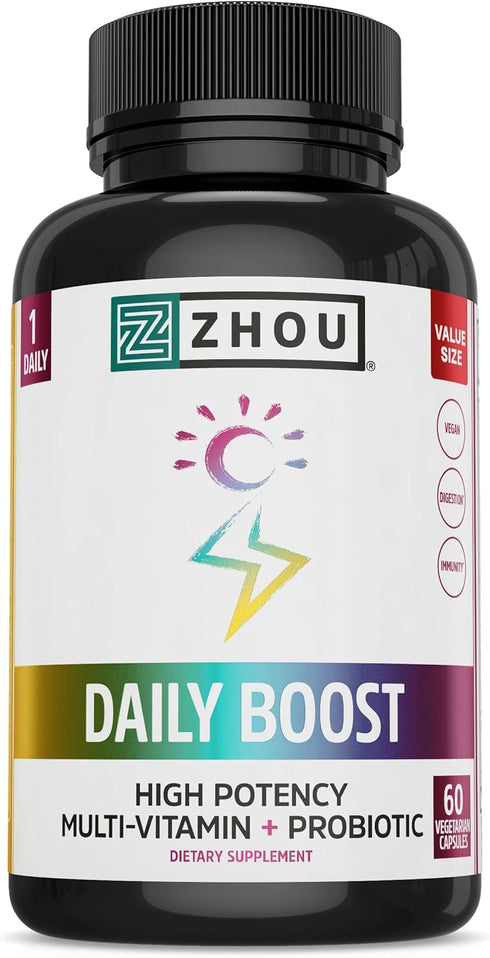 Zhou Nutrition Daily Boost Multivitamin with Probiotic, Zinc, Vitamin C, D3, B Complex - 60 servings