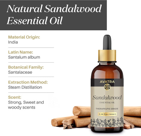 Avatra Sandalwood Essential Oil for Skin, Aromatherapy, & Diffuser | Natural Oil for Humidifier, Soap, & Candle Making | Premium Grade with Glass Dropper- 3.38 Fl Oz