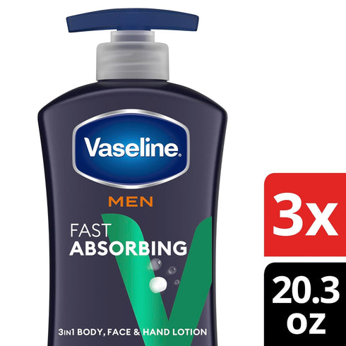 Vaseline Men's Healing Moisture Hand & Body Lotion for Dry Skin, Fast Absorbing, Non-Greasy, 20.3 oz, Pack of 3