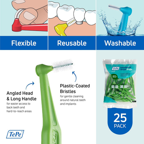 TEPE Interdental Brush Angle - Angled Dental Brush for Teeth Cleaning, Pack of 25, 0.8 mm, Large Gaps, Green, Size 5