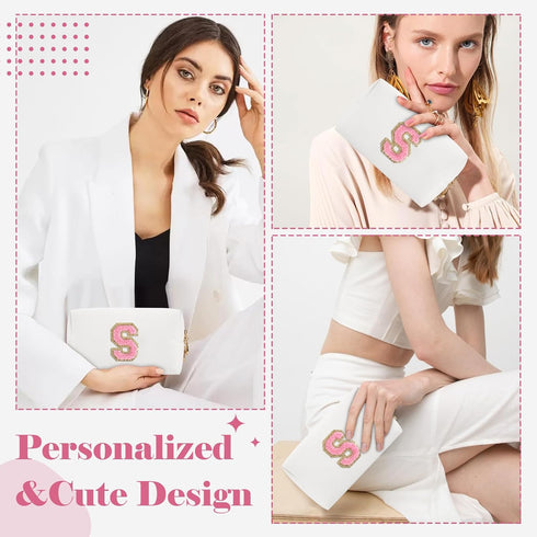 Personalized Makeup Bag with Initial A-Z, Small PU Leather Travel Cosmetic Pouch, White Toiletry Bag for Teen Girls