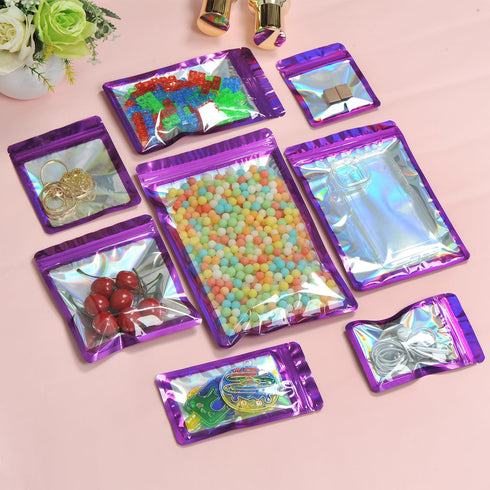 100-Pack 2×2 Inch Mylar Bags with Clear Window, Holographic Resealable Zip Bags for Small Business Jewelry