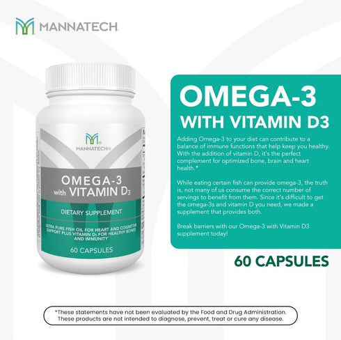 Mannatech Omega-3 with Vitamin D3 - Pure Fish Oil for Bone, Heart Health and Cognitive Support
