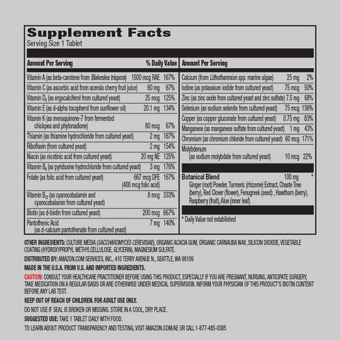 Amazon Elements Women‚ 40+ One Daily Multivitamin, 66% Whole Food Cultured, Vegan, 65 Tablets, 2 month supply (Packaging may vary)