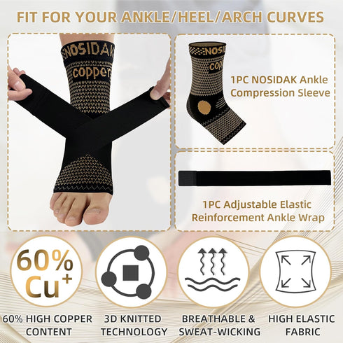 Copper Ankle Brace with Ankle Wrap - 20-30mmHg Compression Sleeve for Plantar Fasciitis Relief & Joint Pain