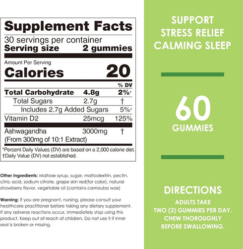 Nature's Key Ashwagandha Gummies, High Potency Ashwagandha Root Extract with Vitamin D2, for Men & Women, Stress, Calm Mood & Cognition, Strawberry Flavor (120 Count (Pack of 1)