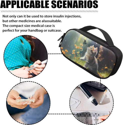 Cute Cat Butterfly Diabetic Supplies Carrying Bag for Glucose Meter, Insulin Pens, Test Strips, Syringe Medication