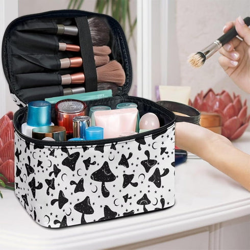 Gothic Mushroom Makeup Bag - Large Opening Design Cosmetic Organizer for Travel with Brush Compartments