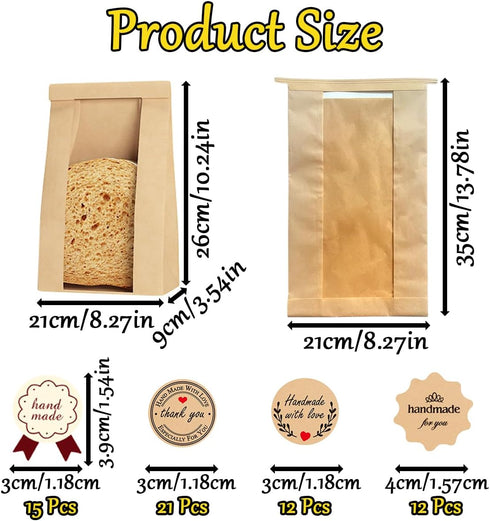 XingyLi 60 60 (14.1x9.7x3.5 Inch, Pcs Large Bread Bags for Homemade, Kraft Paper Sourdough Bread Bag with Clear Window