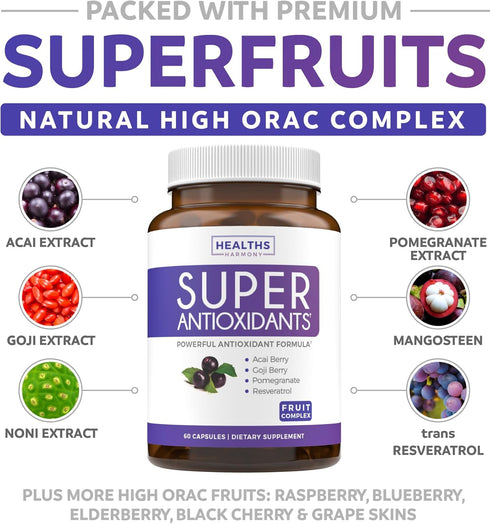 Super Antioxidants Supplement - Powerful Super Food Antioxidant Daily Blend - Acai Berry, Goji, Pomegranate & Trans Resveratrol - Herbal and Fruit Formula For Women and Men - Skin Care - 60 Capsules