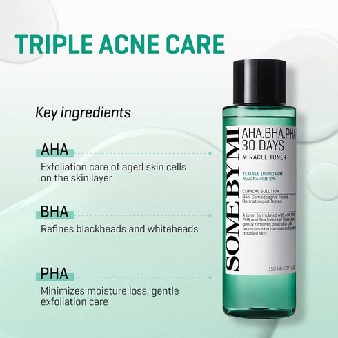 SOME BY MI AHA BHA PHA 30 Days Miracle Toner - 5.07Oz, Mild Exfoliating Daily Face Toner for Sensitive Skin