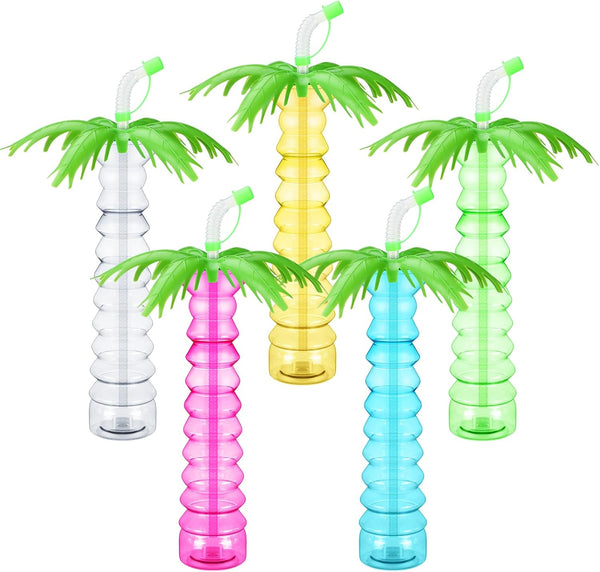Jingmore 15 Pcs 17 oz Palm Tree Yard Cups Straw Water Bottle with