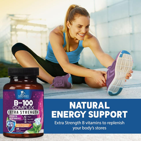 B Complex Vitamins with B1 B2 B3 B6 B12 C & Folic Acid, 60 Vegan Capsules for Energy, Brain & Immune Support