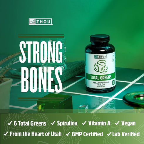 Zhou Nutrition Total Greens - Mega Superfood Tablets, Fiber and Antioxidants, Vitamin A, Spirulina, 120 Tablets