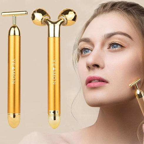 Yeamon 2 in 1 Golden Facial Electric Face Massager, 3D Roller and T Shape Arm Eye Nose Massager Skin Care Tool