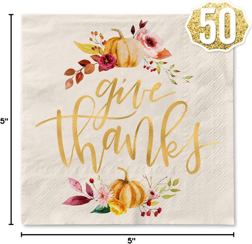 xo, Fetti 50 Count Thanksgiving Gold Foil Napkins, 5 x 5 Inches, 3ply, Autumn Leaves, Pumpkins, Fall Table Decorations