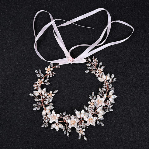 Oriamour Bridal Headpiece Wedding Headband with Flower Design, Genuine Freshwater Pearls & Ribbons (Rose Gold)
