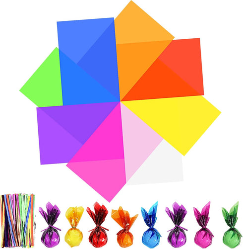 16 Pcs 28 x 40 Inch Cellophane Sheets, Colored Transparent Gift Wrap with 240 Pcs Metallic Twist Ties for Crafts