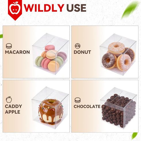 Temmgnie 30 Sets Holes,4"x 4"x 4" Candy Apple Boxes with Clear Caramel Apple Box,Plastic Favor Boxes with Red Ribbons