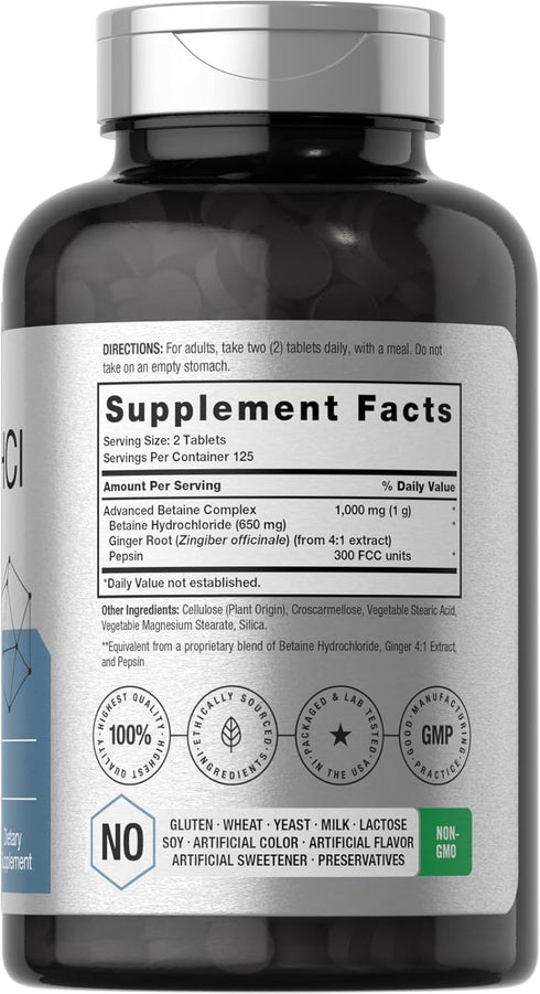 Horbaeach Betaine HCl with Pepsin | 1000mg | 250 Tablets | Hydrochloride Supplement | with Ginger Root | Non-GMO, Gluten Free