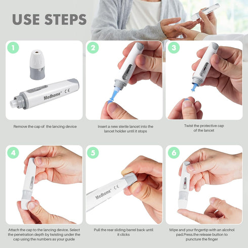 Lancing Device with 12 Adjustable Depth Settings, Diabetes Testing Device with Push Button Ejector, Minimizes Pain in