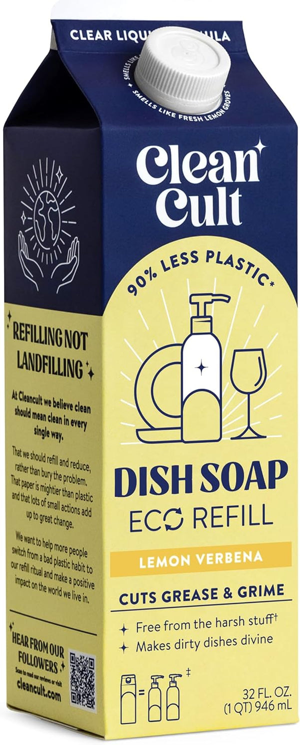 Cleancult Dish Soap Liquid Refills, 32oz, 1 Pack, Eco Refill, Lemon Verbena, Cuts Grease & Grime