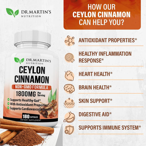 1800mg Organic Ceylon Cinnamon Capsules, 180 Count, Supports Joints, Inflammatory Responses, Antioxidant Health