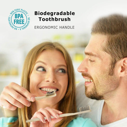 Virgin Forest Bamboo Toothbrush, Biodegradable Soft Bristles, Wooden Toothbrush with Wave-Shaped Handle (6 Pcs)