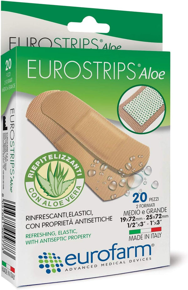 Eurostrips Aloe Adhesive Bandages, Medium & Large with Aloe Vera Central Pad, Breathable, Hypoallergenic, 20 Pieces