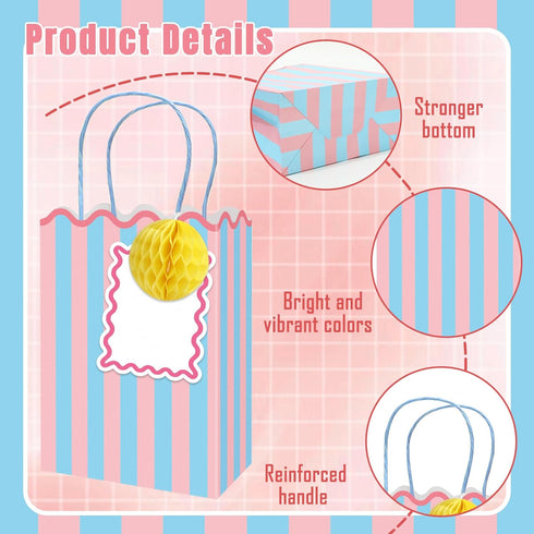 Summer 16 Set FYSUIMU Spring Stripe Paper Bag with Honeycomb Ball and Tag Scalloped Treat Bags with Handles Candy