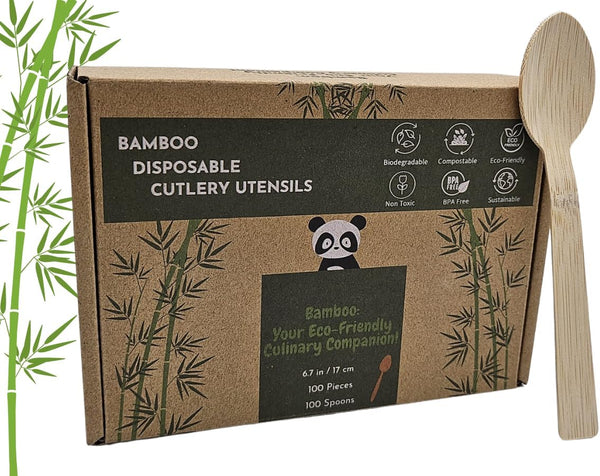 Bamboo Disposable & Compostable Spoons, 6.7" Eco-Friendly Utensils, 100 Pack Biodegradable Spoons