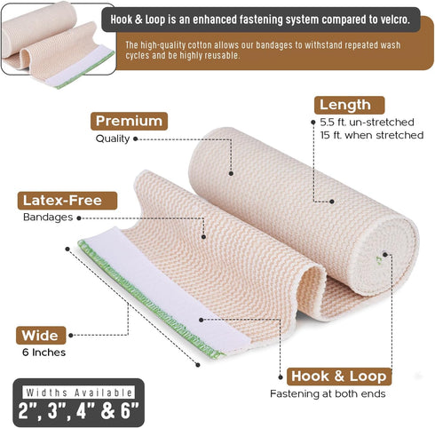 Premium Elastic Bandage Wrap - 6” Wide, 2 Pack, Latex Free Athletic/Medical Compression Bandages