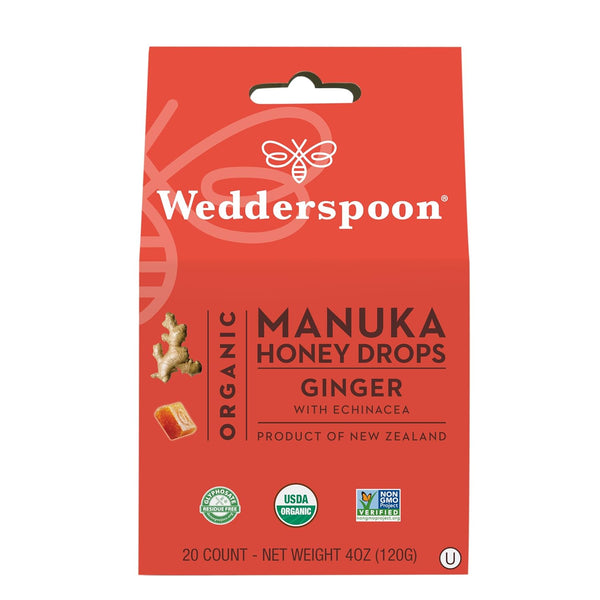 Wedderspoon Organic Manuka Honey Drops, Ginger & Echinacea, 20 Count (Pack of 1), Genuine New Zealand Honey