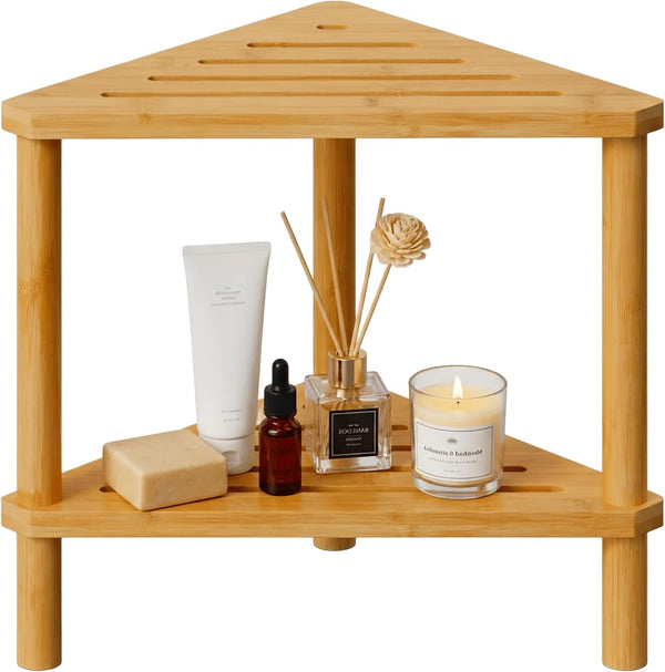 Bamboo Corner Shower Stool with Storage Shelf, Waterproof 2-Tier Shower Foot Rest