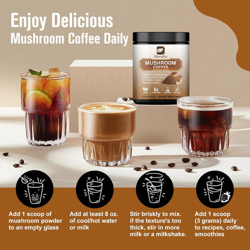 Mushroom Coffee - Lions Mane Mushroom Powder Instant Coffee with Lion's Mane, Reishi, Chaga, Cordyceps, and Turkey Tail
