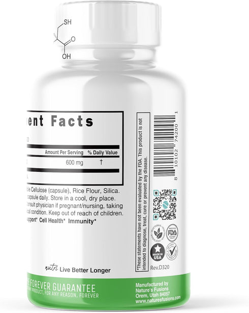 Nature's Fusions NAC Supplement N-Acetyl Cysteine - NAC 600 mg, Anti Aging Supplement, Antioxidant, Liver and Lung