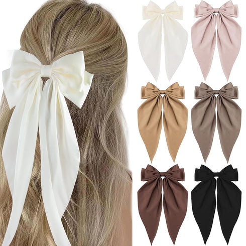 Canitor 6PCS Hair Bows for Women | Silky Satin Hair Ribbon with Barrettes Clip | Trendy Gifts for Teen Girls