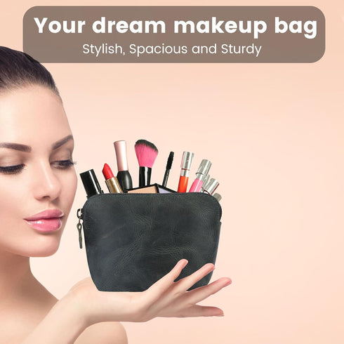 Leather Cosmetic Case, Zipper Coin Pouch, Makeup Bag with Zipper Closure in Blue
