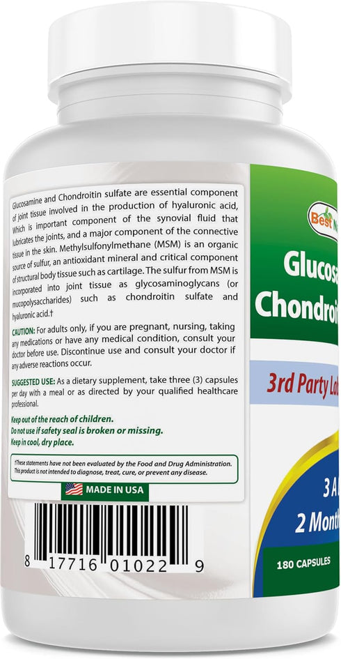 Best Naturals Glucosamine Chondroitin and MSM Joint Supplements, 2600 mg per serving, 180 Count (Pack of 2)
