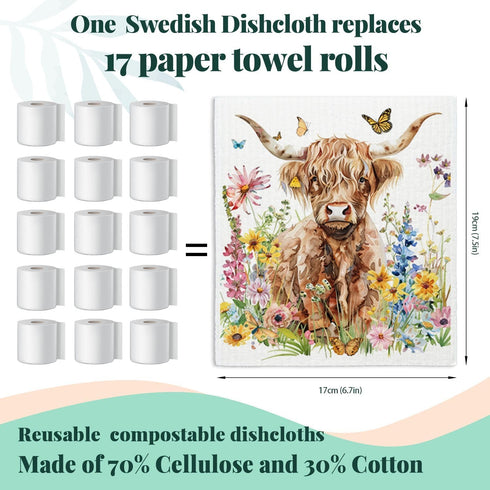LARTSFRO 4 Pack Highland Cow Floral Gifts Swedish Dishcloths for Kitchen, Dish Towels Housewarming Gift for Farmhouse