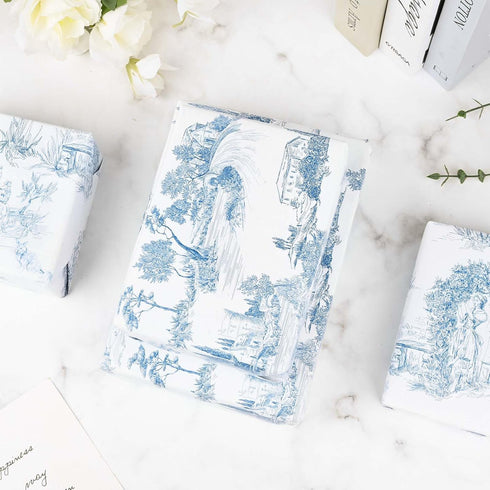 Bolsome 12Pcs French Style Wrapping Paper, Blue White Vintage Village Printed Gift Wrap Paper for Wedding Birthday DIY