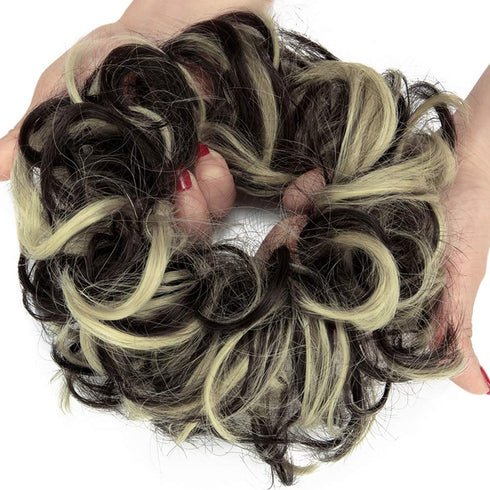 Lelinta Hair Bun Extensions - Wavy Curly Messy Donut Chignons Hair Piece - Black Brown Mix Bleach