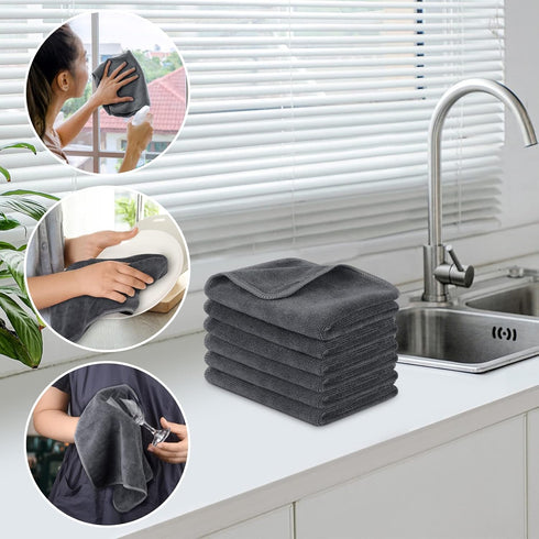 SINLAND Microfiber Cleaning Cloth, Ultra Absorbent Reusable Towel, 12x12 Inch Slate Grey, 6 Pack