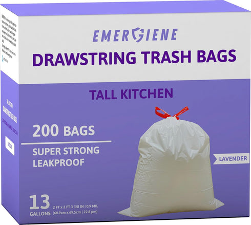 Tall Kitchen Drawstring Trash Bags, 13 Gallon, Lavender-Scented, Leakproof, Super Strong, 200 Count