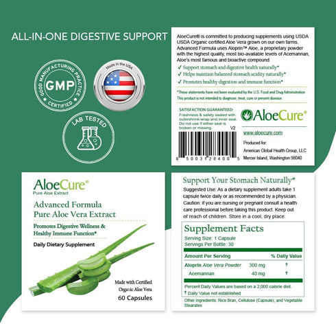 AloeCure Organic Aloe Vera Capsules, 130,000mg Inner Aloe Leaf Equivalent, 30 Capsules for Gut Health