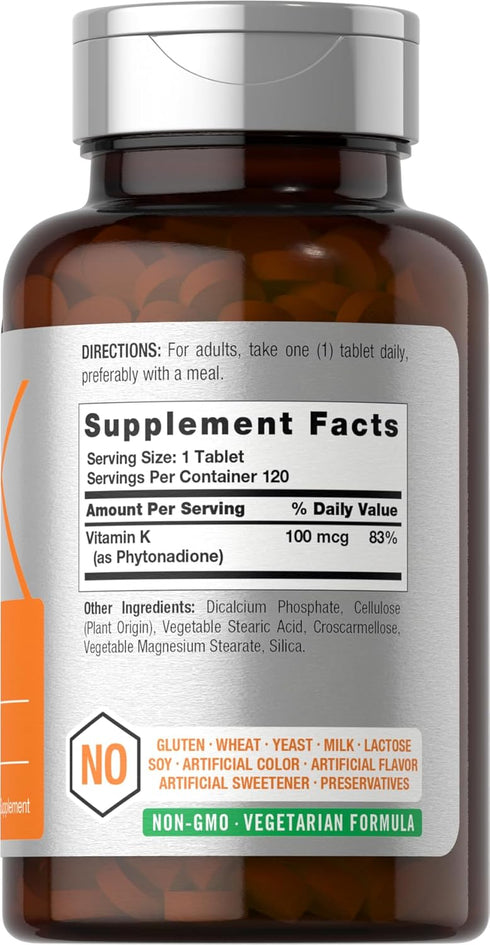 Horbaeach Vitamin K Supplement | 100mcg | 120 Tablets | Vegetarian, Non-GMO & Gluten Free Supplement