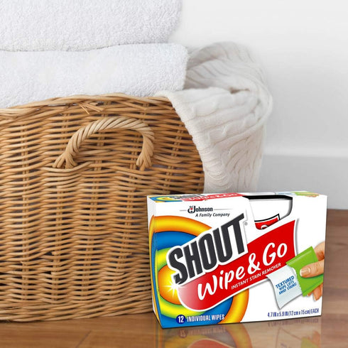 Shout Wipe and Go Instant Stain Remover, On-The-Go Laundry Stains, 12 Count Pack of 12 (144 Total Wipes)