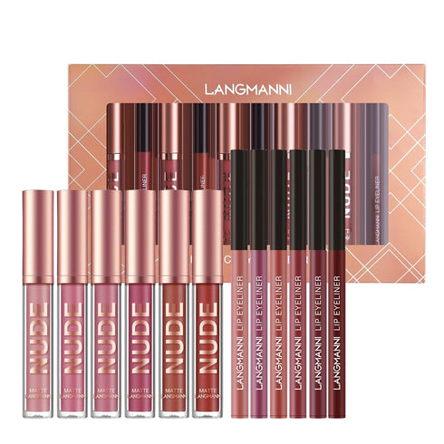 LANGMANNI 6 Matte Lipstick with 6 Lipliners - Long-Lasting Non-Stick Cup Waterproof Pigmented Velvet Lipgloss Kit