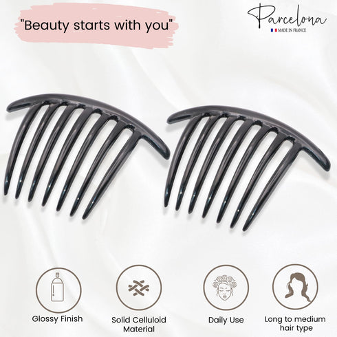 Parcelona French Twist Large 4" Celluloid Side Hair Comb Set of 2, No Slip Styling for Women
